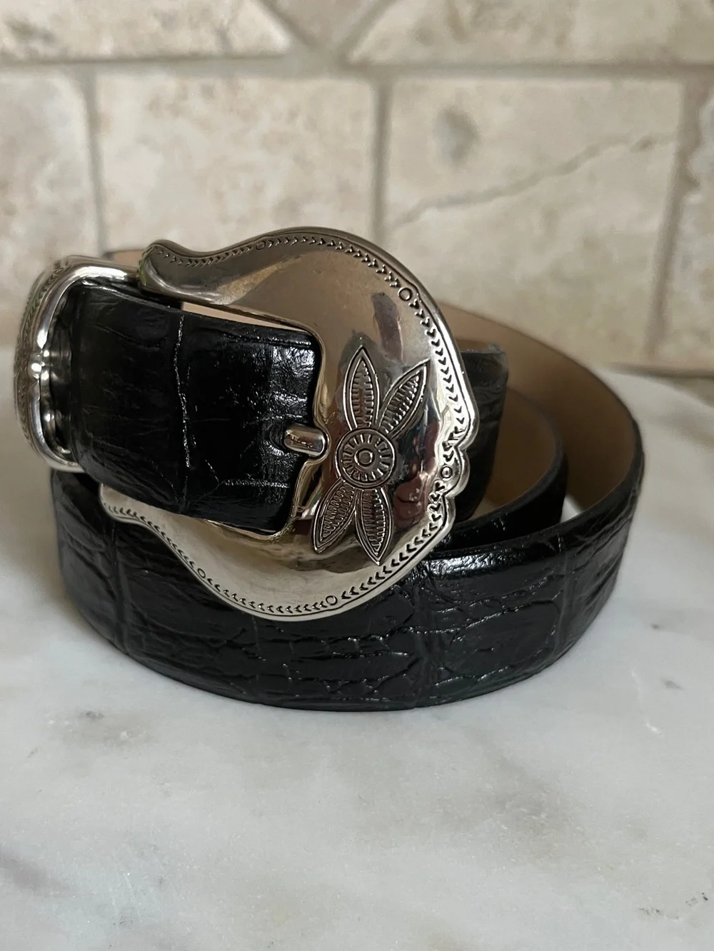 VTG Valentino Black Leather Large Silver Buckle Belt 34
